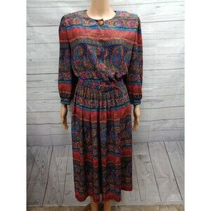 Lady Carol Vintage Dress 80s Paisley Print Belted Secretary Career Boho Size 8